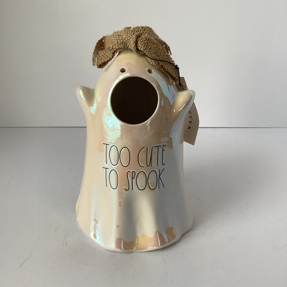 RAE DUNN: “Too Cute To Spook” iridescent, ceramic ghost birdhouse